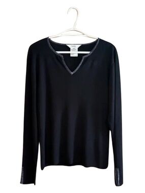 Vintage 90s Black Knit Sweater w Silver Trim & Notched Sleeves – Size Medium EUC